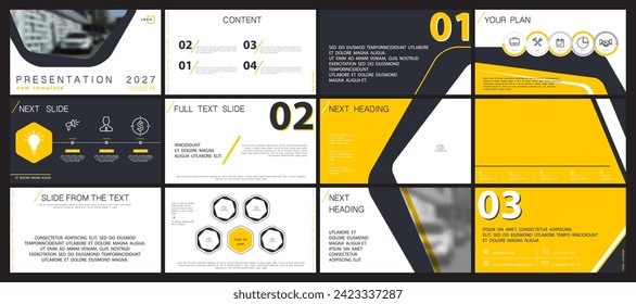 Business presentation template, powerpoint. Set, elements of infographic, yellow design, white background. Corporate report, car near the office, banner. Brochure, annual report, vector illustration