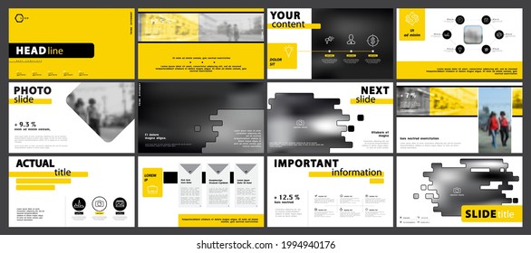 Business Presentation Template, Powerpoint, Yellow And Black Infographic Elements Set On White Background. Walking People In The City. Vector Slide, Business Project Powerpoint, And Marketing. Annual
