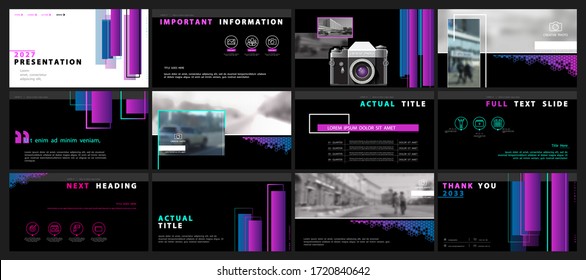 Business presentation template. Purple rectangles, presentation elements on black background. Vector infographic. Businessman, city. Use in flyers and postcards, marketing, advertising, annual report