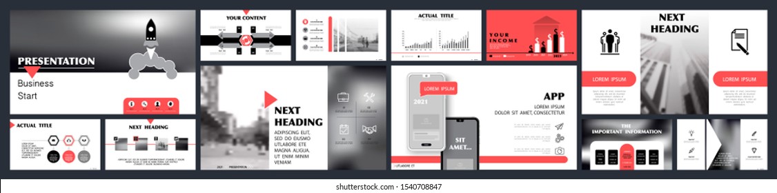 Business presentation template, red and black infographic elements on white background. Buildings, walking people in the city. Vector slide, presentation of business projects and marketing. Accounting