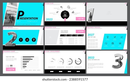 Vorlage für Geschäftspräsentationen. Set, Designelemente von Infografiken, weißer Hintergrund. Flyer, Postkarte, Unternehmensbericht, Marketing, Werbung, Banner. Slideshows, Broschüren, Jahresbericht. Vektorgrafik