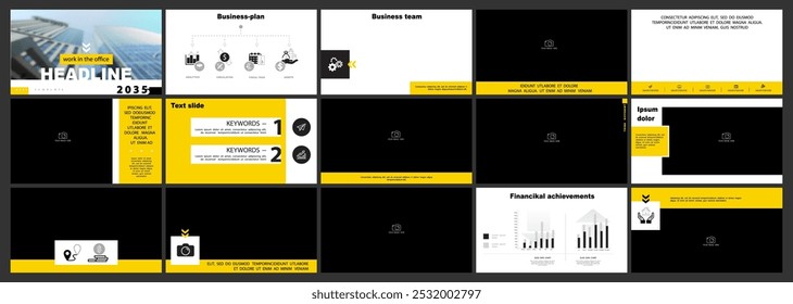 Vorlage für Geschäftspräsentationen. Set, Überschrift, Infografik, gelbes Design, weißer Hintergrund. Flyer, Foto, PowerPoint, Banner. Diashow, SEO, Unternehmen, Geschäftsbericht, Vektorgrafik
