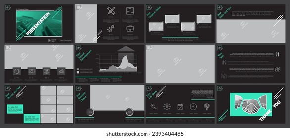 Plantilla de presentación comercial. Conjunto, elementos infográficos, diseño verde, fondo negro. Volante, edificio de oficinas, postal, informe corporativo, powerpoint, banner. Presentación, informe anual, vector
