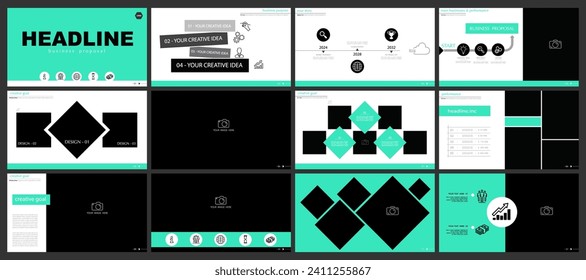 Business presentation template. Set, infographic turquoise design, black elements, white background. Flyer office building, postcard corporate report, powerpoint. Slide show, annual report, vector