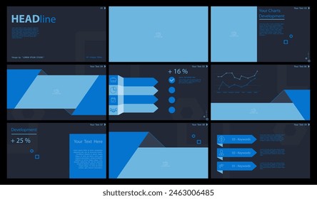 Business presentation template. Set, infographic elements, blue design, black background. Flyer office building, postcard corporate report, powerpoint. Slide show, annual report, vector illustration