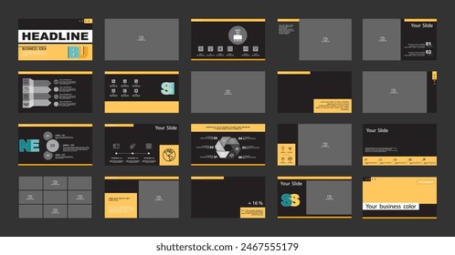 Business presentation template. Set, infographic elements, yellow design, black background. Flyer office building, postcard corporate report, powerpoint. Slide show, annual report, vector illustration