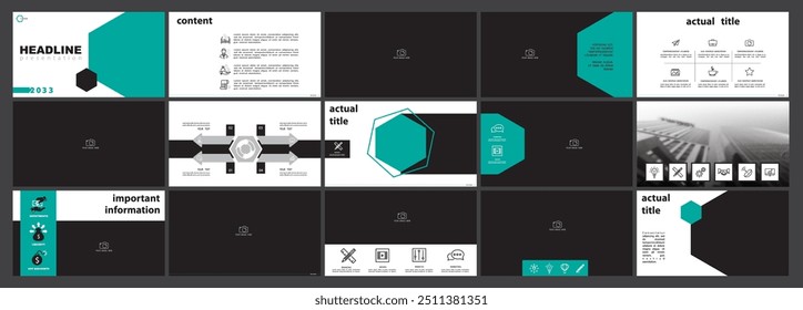 Vorlage für Geschäftspräsentationen. Set, Infografische Elemente, grünes Design, weißer Hintergrund. Flyer für Bürogebäude, Firmenfotokarte, PowerPoint. Diashow, Jahresbericht, Vektorgrafik