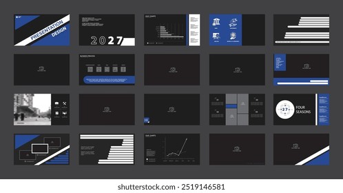 Modelo de apresentação comercial. Set, elementos infográficos, design azul, fundo preto. Prédio de escritório, cartão postal, powerpoint. Apresentação de slides, foto, auditoria, relatório anual corporativo, ilustração vetorial