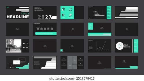 Business presentation template. Set, infographic elements, green design, black background. Office building, postcard, powerpoint. Slide show, photo, audit, corporate annual report, vector illustration