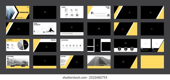 Business presentation template. Set, infographic elements, yellow design, white background. Office building flyer, photo card, powerpoint. Slide show, corporate annual report, vector illustration