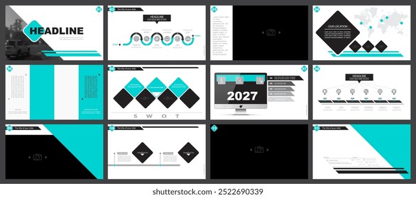 Business presentation template. Set, infographic elements, green design, white background. Flyer office building, postcard corporate report, powerpoint. Slide show, annual report, vector illustration