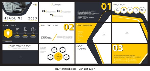 Business presentation template. Set, infographic elements, yellow design, white background. Flyer office building, postcard corporate report, powerpoint. Slide show, annual report, vector illustration