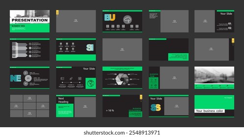 Business presentation template. Set, infographic elements, green design, black background. Flyer office building, postcard corporate report, powerpoint. Slide show, annual report, vector illustration