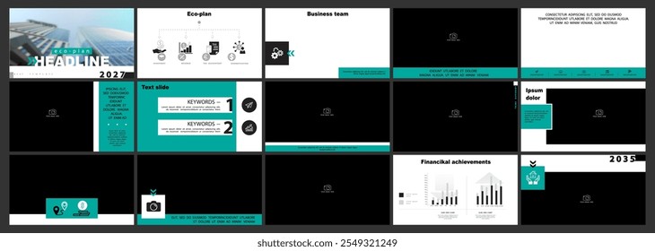 Business presentation template. Set, infographic elements, black, green design, white background. Office building, flyer, corporate annual report, powerpoint. Photo slideshow icon. Vector illustration