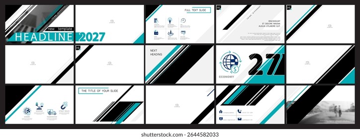 Business presentation template. Set, infographic elements, black, green design, white background. Office building, flyer, corporate annual report, powerpoint. Slideshow icon, photo.Vector illustration