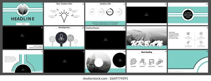 Business presentation template. Set, infographic elements, abstract geometric green design, white background. Office building, corporate photo, PowerPoint. Slideshow, annual report Vector illustration