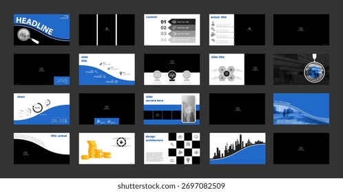 Business presentation template. Set, infographic elements, blue design, white background. Office building, flyer, powerpoint. Slideshow, corporate annual report, photo, smartphone Vector illustrations