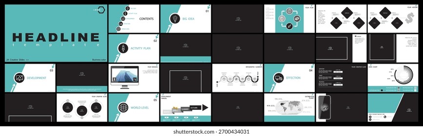 Business presentation template. Set, infographic elements, green design, white background. Financial building, powerpoint. Slideshow, corporate annual report, photo, smartphone. Vector illustrations