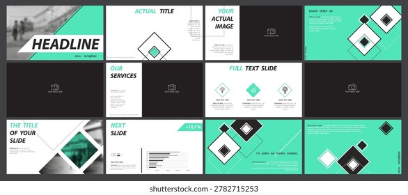 Business presentation template. Set, infographic elements, abstract green geometric design, white background. Office building, corporate photo, PowerPoint. Slideshow, annual report. Vector illustration