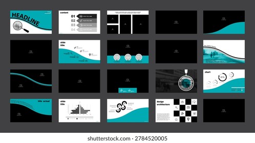 Business presentation template. Set, infographic elements, abstract green design, white background. Office building, corporate photo, PowerPoint. Slideshow, annual report. Vector illustration