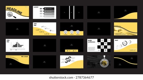 Business presentation template. Set, infographic elements, abstract yellow design, white background. Office building, corporate photo, PowerPoint. Slideshow, annual report. Vector illustration booklet, office, work, info graphic, card,