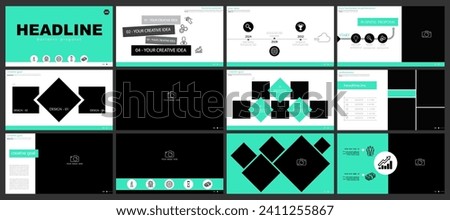 Business presentation template. Set, infographic turquoise design, black elements, white background. Flyer office building, postcard corporate report, powerpoint. Slide show, annual report, vector