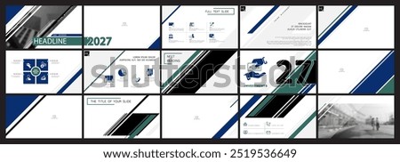 Business presentation template. Set, infographic elements, blue, green design, white background. Office building, flyer, corporate annual report, powerpoint. Slideshow icon, photo. Vector illustration
