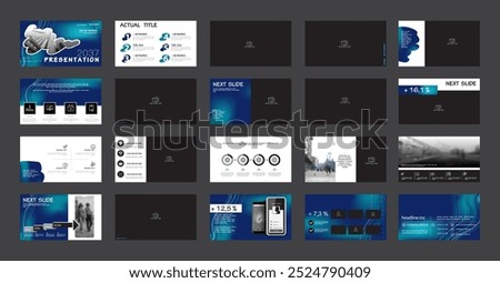 Business presentation template. Set, infographic elements, blue, green design, white background. Office building, flyer, corporate annual report, powerpoint. Slideshow icon, photo. Vector illustration