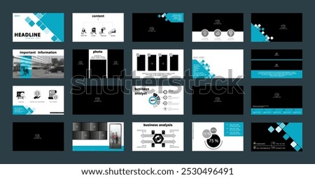 Business presentation template. Set, infographic elements, blue, green design, white background. Office building, flyer, corporate annual report, powerpoint. Slideshow icon, photo. Vector illustration
