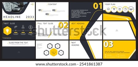 Business presentation template. Set, infographic elements, yellow design, white background. Flyer office building, postcard corporate report, powerpoint. Slide show, annual report, vector illustration