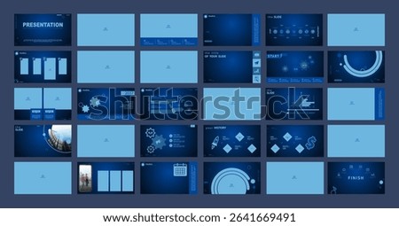 Business presentation template. Set, infographic elements, blue design, blue background. Office building flyer, corporate photo leaflet, powerpoint. Slideshow, annual report. Vector illustration

