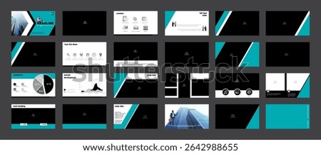 Business presentation template. Set, infographic elements, green design, black background. Office building flyer, photo card, powerpoint. Slide show, corporate annual report, vector illustration