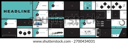 Business presentation template. Set, infographic elements, green design, white background. Financial building, powerpoint. Slideshow, corporate annual report, photo, smartphone. Vector illustrations