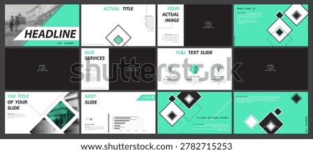 Business presentation template. Set, infographic elements, abstract green geometric design, white background. Office building, corporate photo, PowerPoint. Slideshow, annual report. Vector illustration