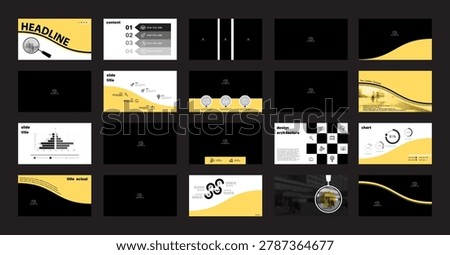 Business presentation template. Set, infographic elements, abstract yellow design, white background. Office building, corporate photo, PowerPoint. Slideshow, annual report. Vector illustration booklet, office, work, info graphic, card,