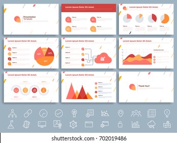Business Presentation Template set with statistical infographic elements and collection of flat web symbols.
