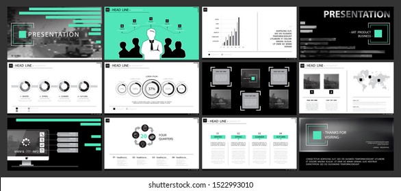 Business presentation template, turquoise and black infographic elements on white background. Business trip around the city. Vector slide, business project presentation and marketing, monitor computer