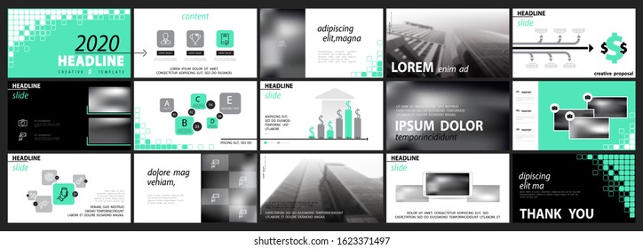 Business presentation template, turquoise and black infographic elements on white background. Offices, buildings. Vector slide, presentation of business projects and marketing. Design squares pixels