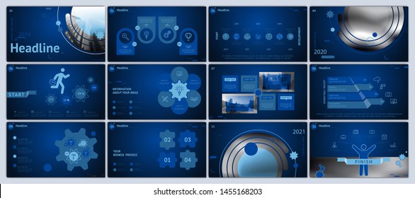 Business presentation template. Vector set, elements of infographics, dark blue background. Flyer, postcard, corporate report, marketing, advertising, banners. Slideshows, brochures, annual report