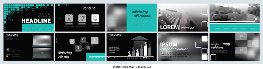 Business presentation template. Vector set, infographic elements, white background. Flyer, postcard, banner advertising marketing. Turquoise color design. Slideshows, brochure, leaflets, annual report