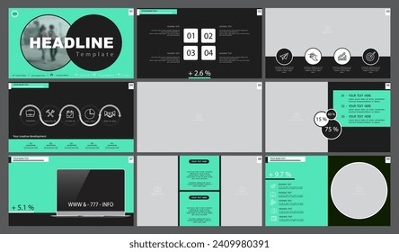 Business presentation template. Vector set, elements of infographics, green design, white background. Flyer, postcard, corporate report, powerpoint, banner. Slideshows, brochures, photo, annual report