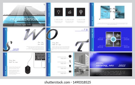 Business presentation template. Vector slide. Set, infographic elements, white background. For presentations of business projects advertising marketing. Blue color design. Leaflets, annual report