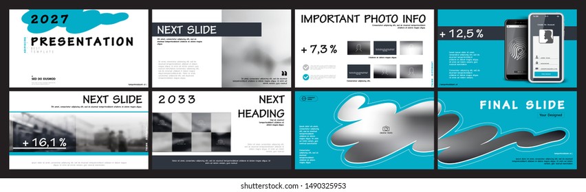 Business presentation template. Vector slide. Set, infographic elements, white background. For presentations of business projects advertising marketing. Blue color design. Leaflets, annual report