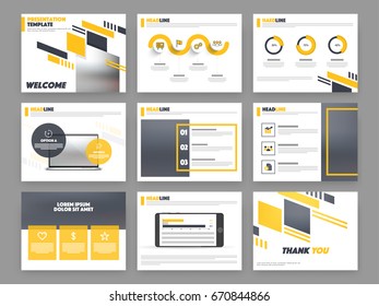 Business presentation templates with infographic elements and web symbols.