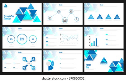 Business presentation templates with infographics and abstract design elements.