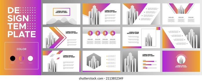 Business presentation templates set. Use for business annual report, keynote, brochure design, website slider, landing page, company profile, banner with gradient purple and orange color.