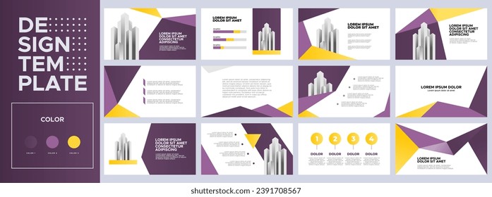 Business presentation templates set. Use for business annual report, keynote, brochure design, website slider, landing page, company profile, banner with gradient purple and yellow color.