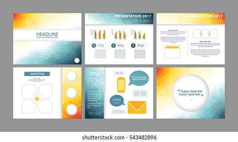 Modelos de apresentação de negócios vetores. Layouts modernos de design futurista de baixo poli para relatório financeiro anual. Reunião, seminário, fundos infográficos de conferência.