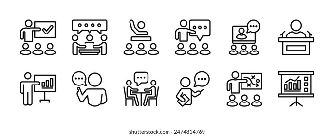 Conjunto de iconos de línea fina de presentación empresarial. Conteniendo reunión, conferencia, seminario, reunión informativa, comunicación, gráfico, trabajo en equipo, planificación, liderazgo, lugar de trabajo, discusión. Ilustración vectorial