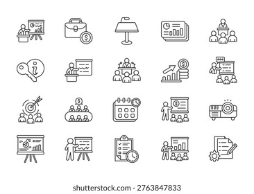 Business presentation thin line icon set. Containing business, keynote, slides, seminar, key information, presenter, conference, graph, explanation, audience